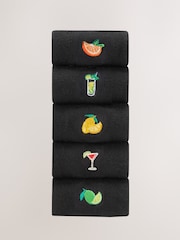 Black Fruit and Drinks Fun Embroidered Socks 5 Pack - Image 1 of 8