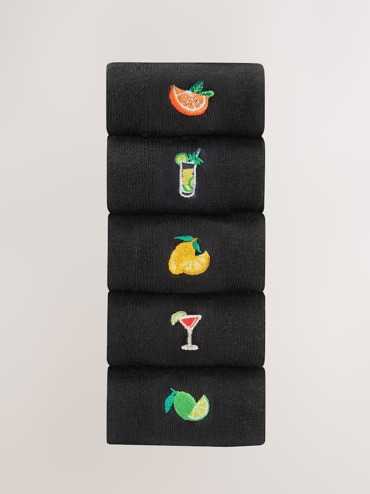 Black Fruit and Drinks Fun Embroidered Socks 5 Pack - Image 1 of 8