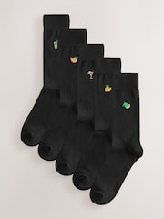 Black Fruit and Drinks Fun Embroidered Socks 5 Pack - Image 2 of 8