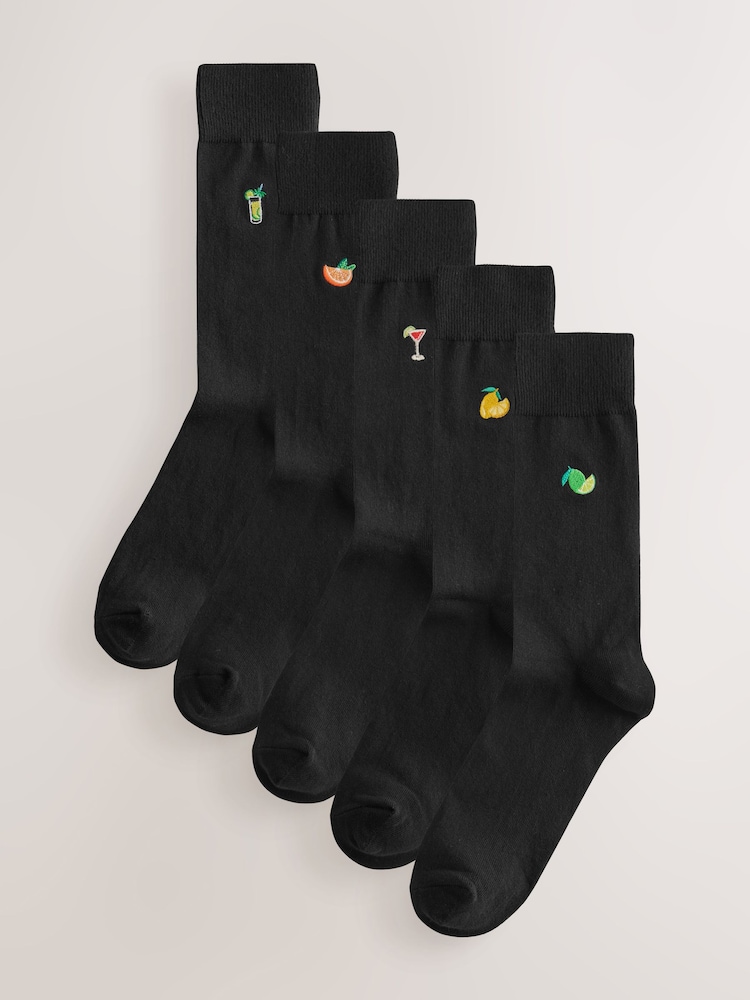 Black Fruit and Drinks Fun Embroidered Socks 5 Pack - Image 2 of 8