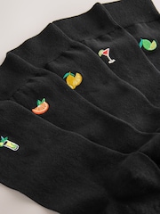 Black Fruit and Drinks Fun Embroidered Socks 5 Pack - Image 7 of 8
