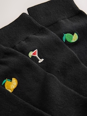 Black Fruit and Drinks Fun Embroidered Socks 5 Pack - Image 8 of 8