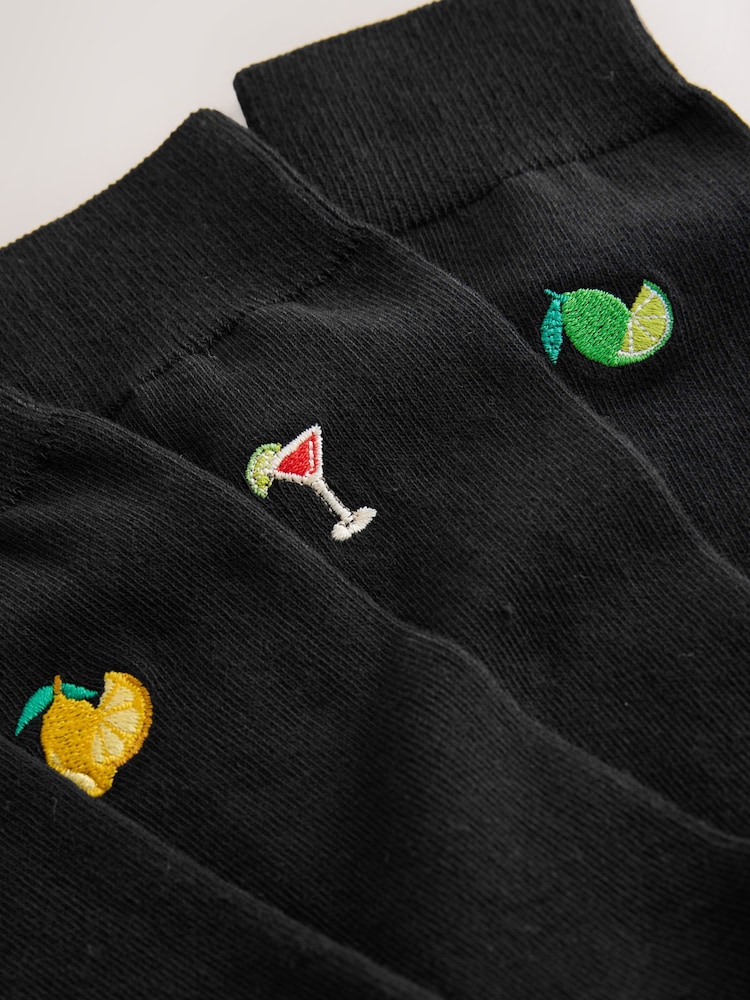 Black Fruit and Drinks Fun Embroidered Socks 5 Pack - Image 8 of 8