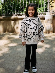 Cream Bow/Black Sweatshirt and Ribbed Flare Set (3-16yrs) - Image 1 of 2