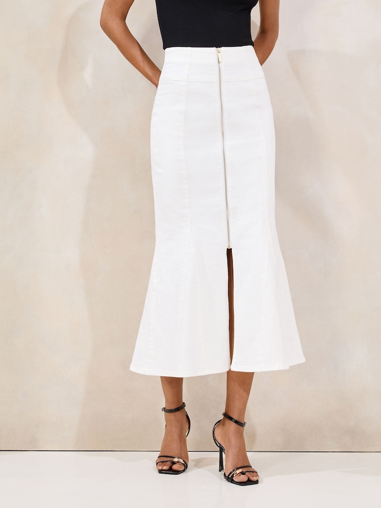 Lipsy Ecru Fishtail Zip Front Midi Skirt - Image 2 of 4