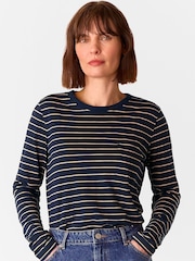 Whistles Blue Stripe Crew Neck Pocket Top - Image 1 of 5