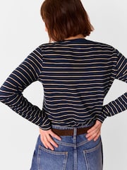 Whistles Blue Stripe Crew Neck Pocket Top - Image 2 of 5