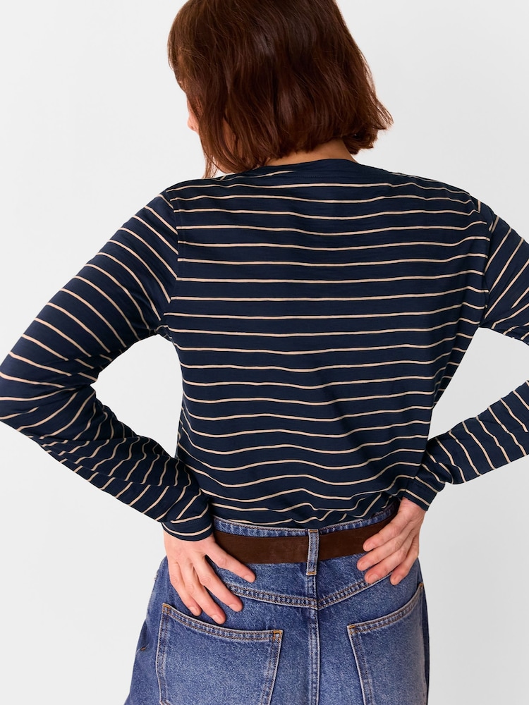 Whistles Blue Stripe Crew Neck Pocket Top - Image 2 of 5