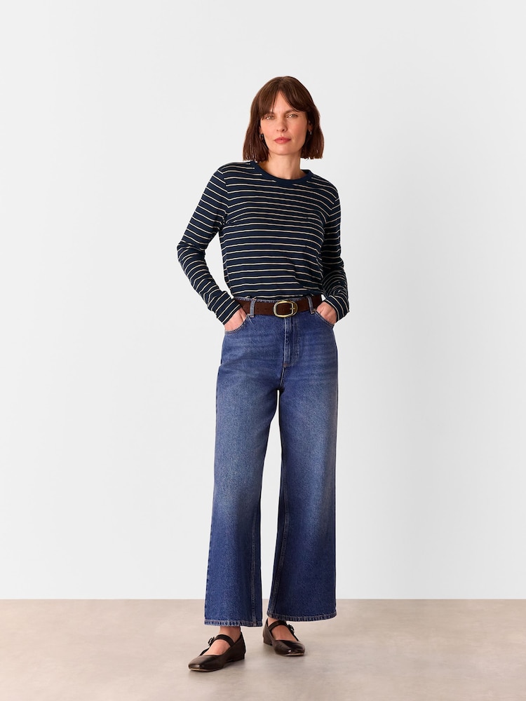 Whistles Blue Stripe Crew Neck Pocket Top - Image 3 of 5