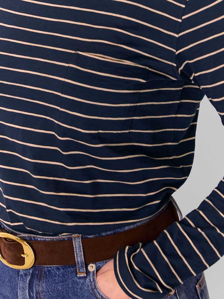 Whistles Blue Stripe Crew Neck Pocket Top - Image 4 of 5