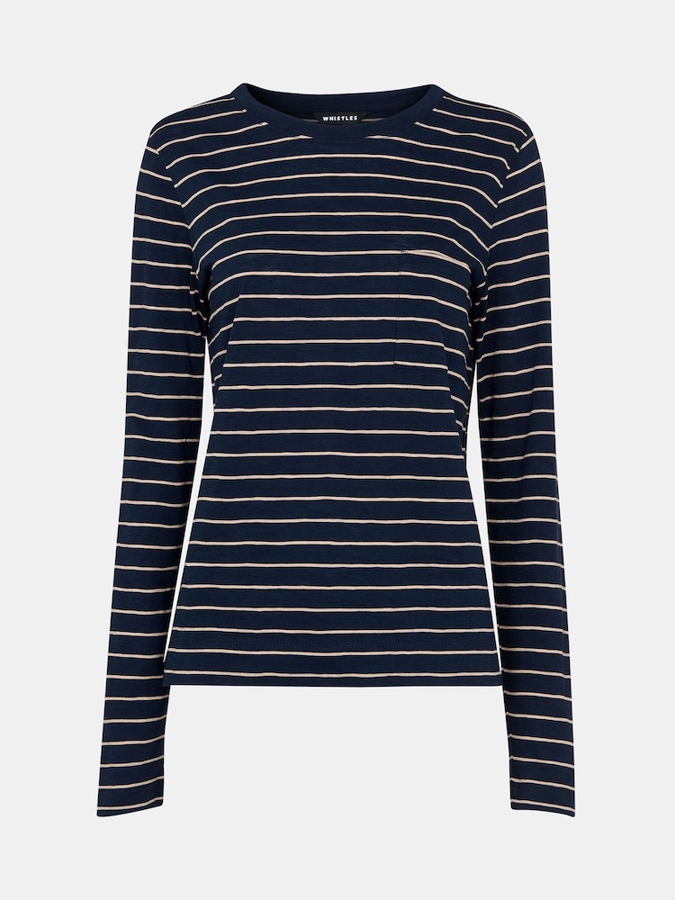 Whistles Blue Stripe Crew Neck Pocket Top - Image 5 of 5