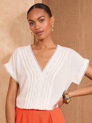 Love & Roses White Ecru Lace Trim V-Neck T-Shirt - Image 1 of 4