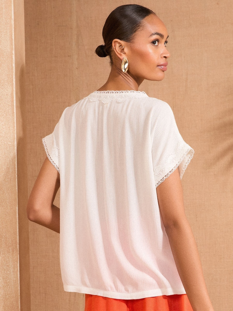 Love & Roses White Ecru Lace Trim V-Neck T-Shirt - Image 4 of 4