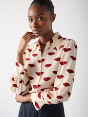 LK Bennett Red Sonya Silk Lips Print Silk Blouse - Image 2 of 6
