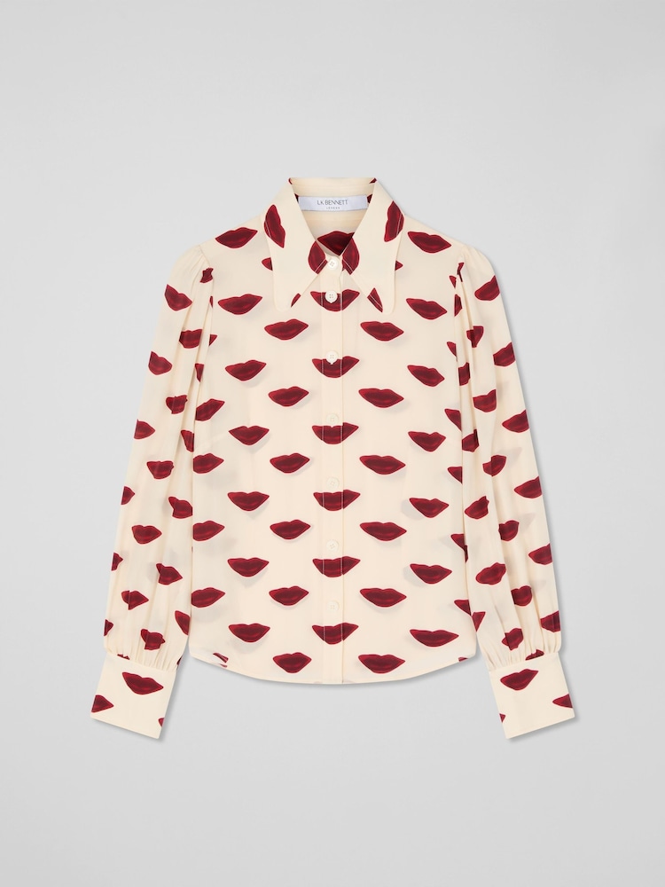 LK Bennett Red Sonya Silk Lips Print Silk Blouse - Image 5 of 6