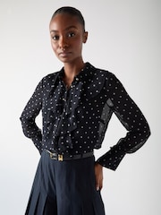 LK Bennett Blue & Navy Hester Spot Viscose Crepe Satin Blouse - Image 1 of 5