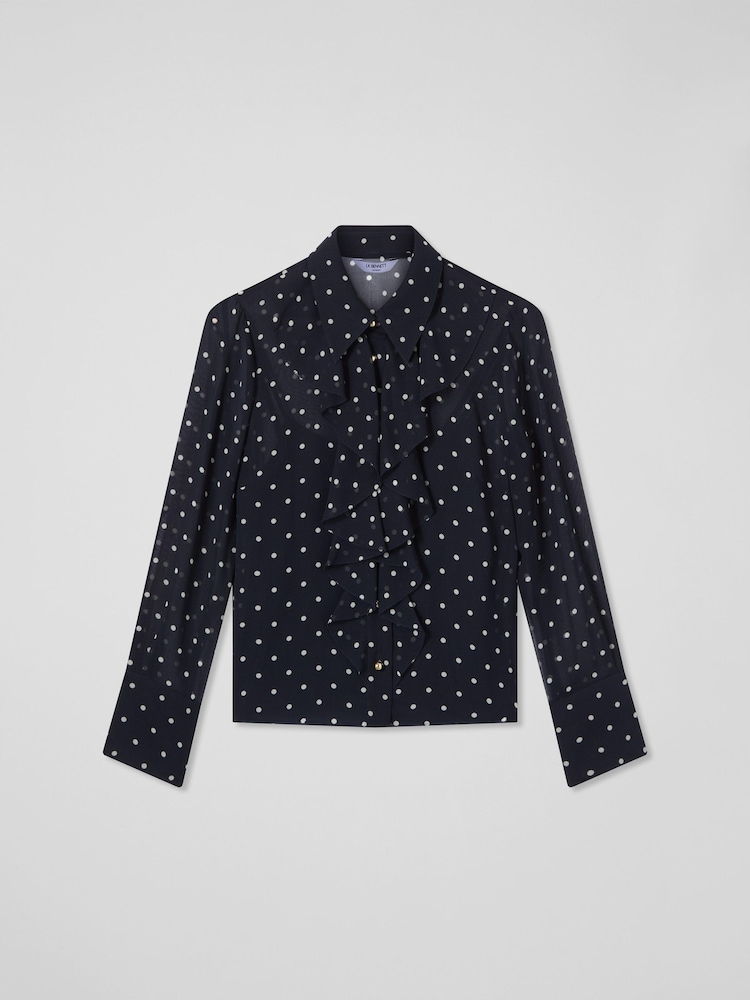 LK Bennett Blue & Navy Hester Spot Viscose Crepe Satin Blouse - Image 5 of 5