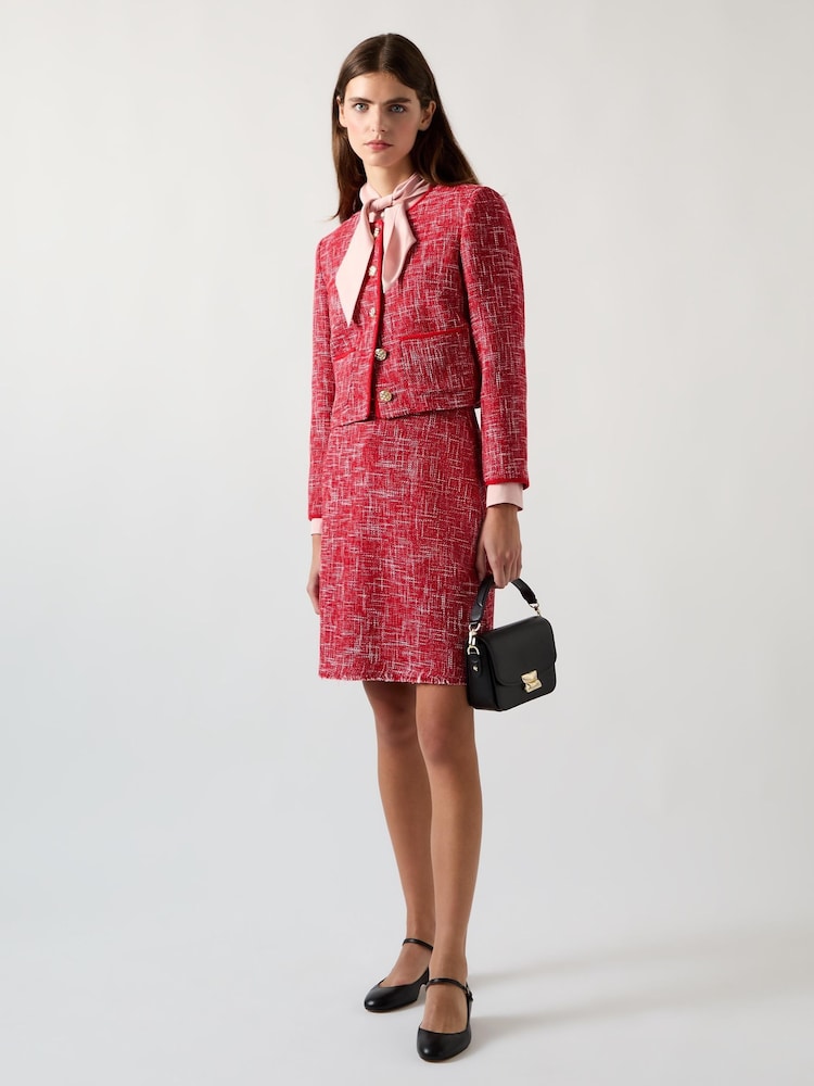 LK Bennett Red Alexa Cotton Blend Tweed Fray Hem Pencil Skirt - Image 2 of 8