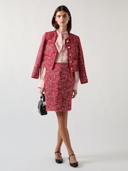 LK Bennett Red Alexa Cotton Blend Tweed Fray Hem Pencil Skirt - Image 4 of 8