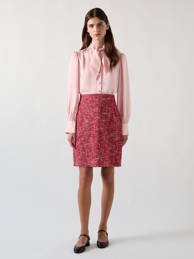 LK Bennett Red Alexa Cotton Blend Tweed Fray Hem Pencil Skirt - Image 5 of 8