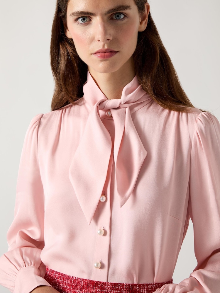 LK Bennett Pink Hall Viscose Crepe Tie Neck Blouse - Image 4 of 5