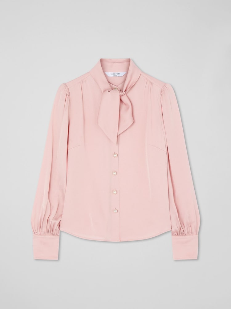 LK Bennett Pink Hall Viscose Crepe Tie Neck Blouse - Image 5 of 5