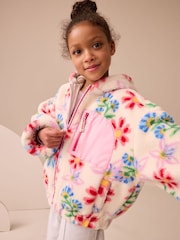 Ecru/Pink Floral Hooded Zip Borg Fleece Jacket (3-16yrs) - Image 1 of 8