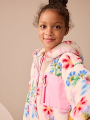 Ecru/Pink Floral Hooded Zip Borg Fleece Jacket (3-16yrs) - Image 2 of 8