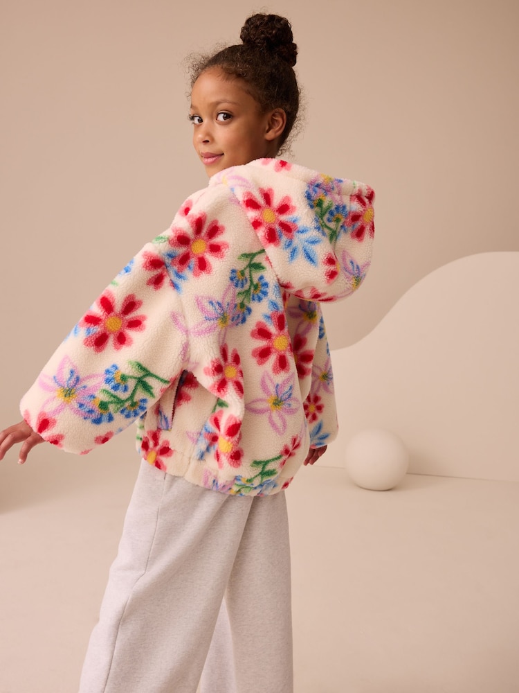 Buy Ecru/Pink Floral Hooded Zip Borg Fleece Jacket (3-16yrs) from - Main Image