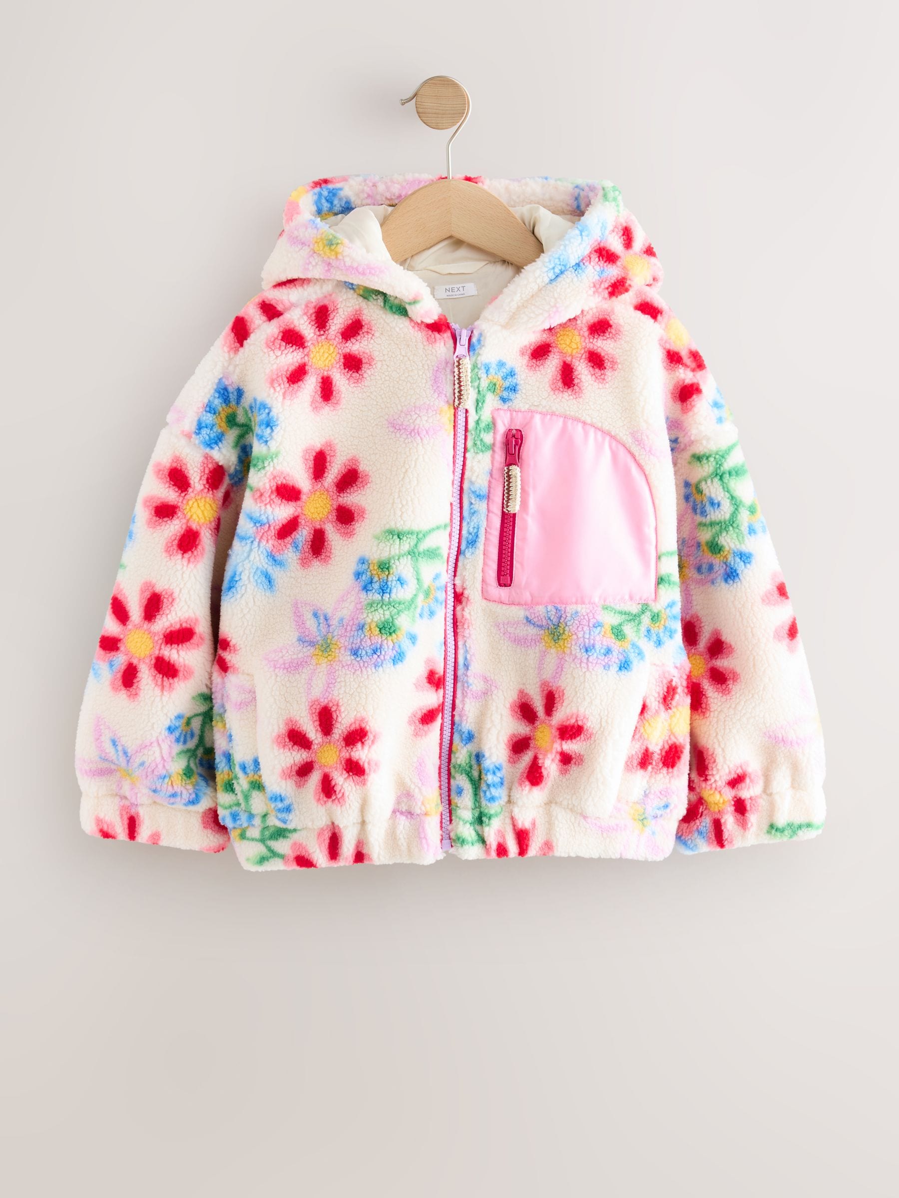 Buy Ecru/Pink Floral Hooded Zip Borg Fleece Jacket (3-16yrs) from