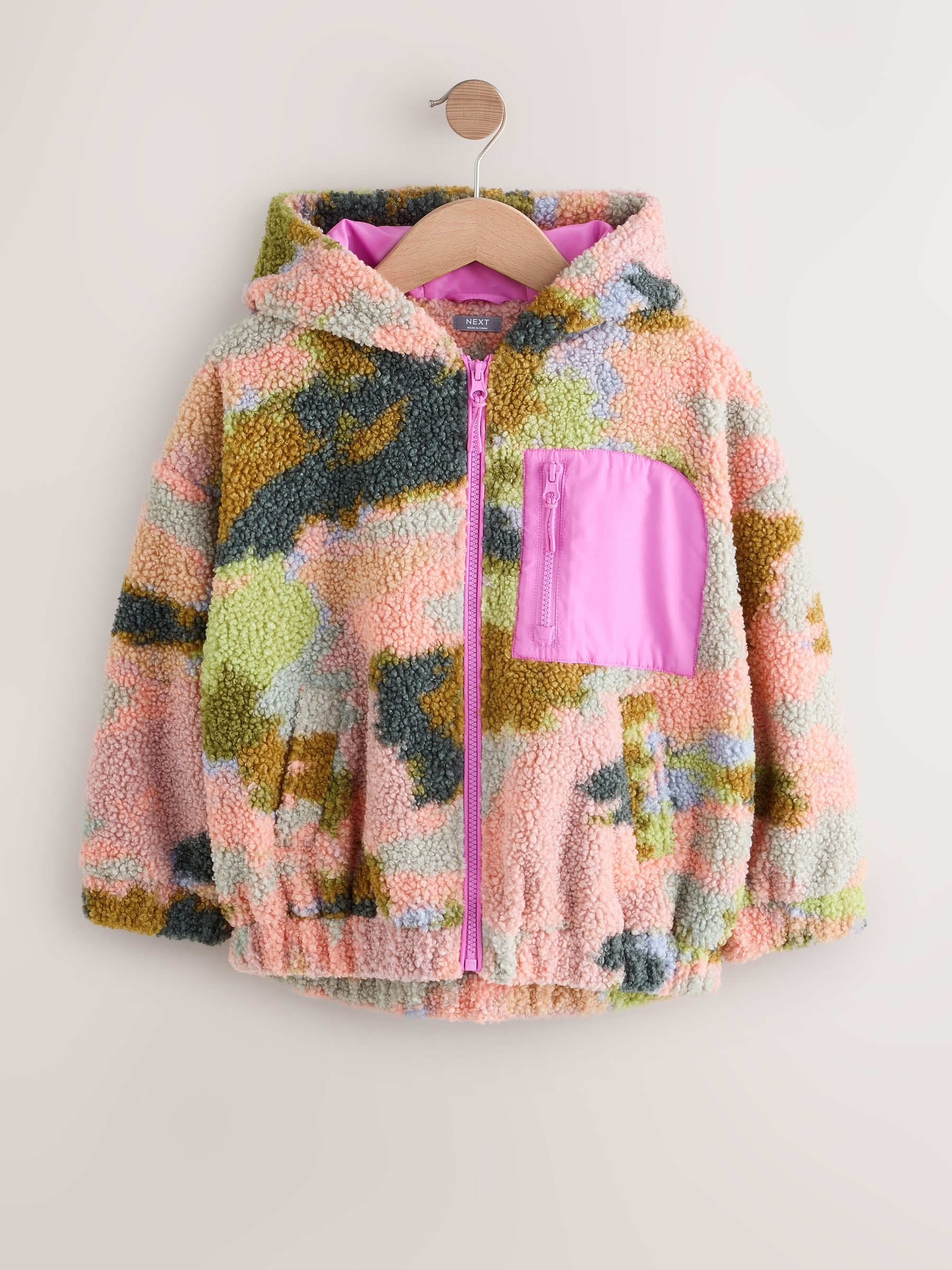 Buy Pink/Green Abstract Hooded Zip Borg Fleece Jacket (3-16yrs