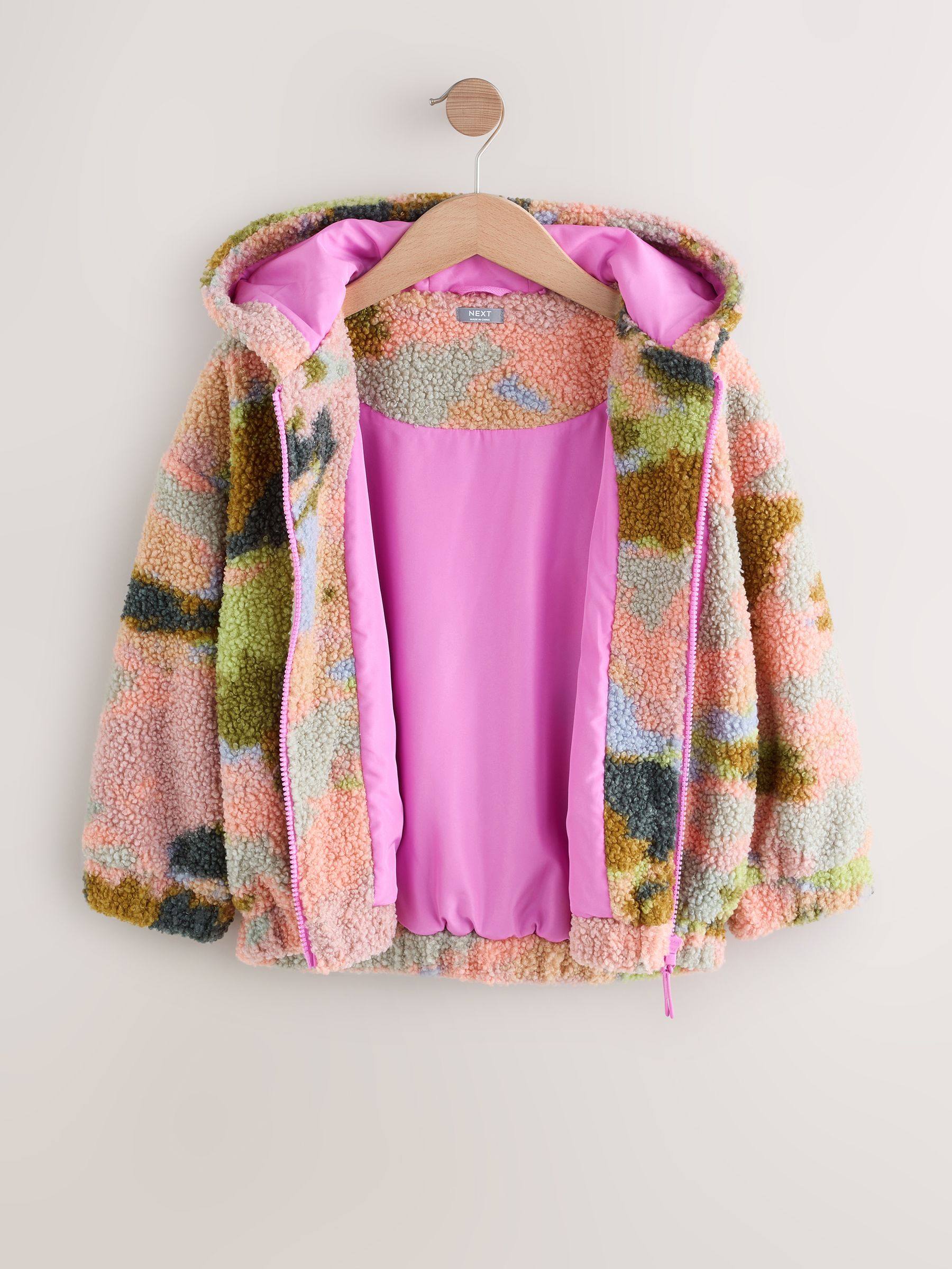 Buy Pink/Green Abstract Hooded Zip Borg Fleece Jacket (3-16yrs