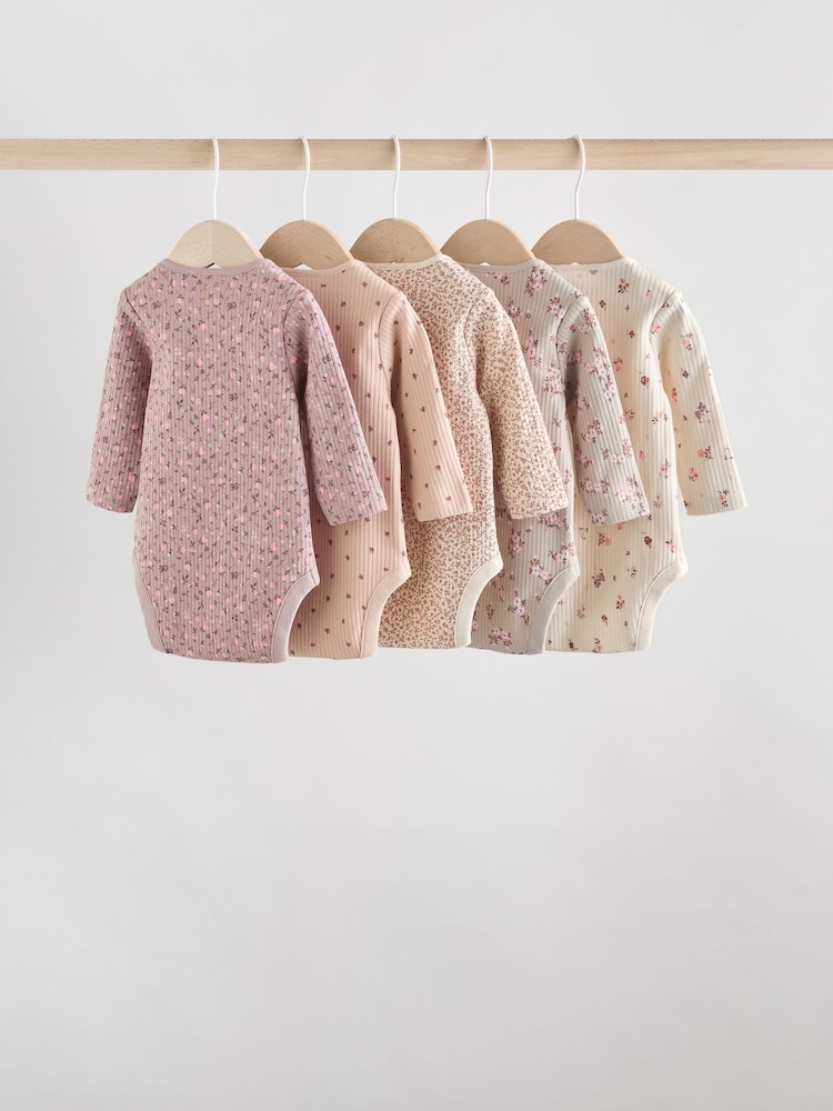 Caramel Brown Ditsy Floral Baby Long Sleeve Bodysuits 5 Pack - Image 2 of 13