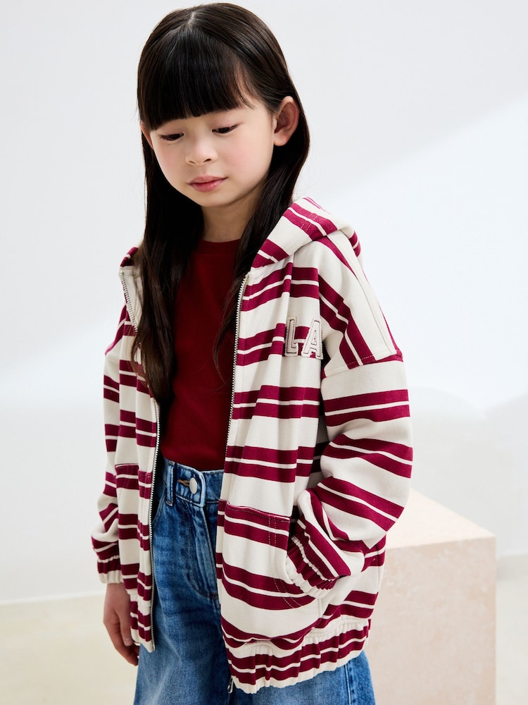Burgundy Red/White Stripe Zip Through Hoodie (3-16yrs) - Image 1 of 10