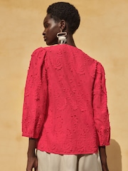 Love & Roses Pink 100% Cotton 3D Floral 3/4 Sleeve V-Neckline Blouse - Image 3 of 4