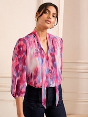 Love & Roses Multi Floral Blured Blouse 3/4 Sleeve and V-neckline - Image 1 of 4