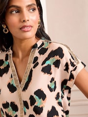 Love & Roses Natural Animal Print Sequin V-Neck blouse - Image 2 of 4