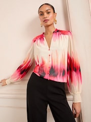 Love & Roses Pink Notch Neck Long Sleeeve Blouse - Image 1 of 4