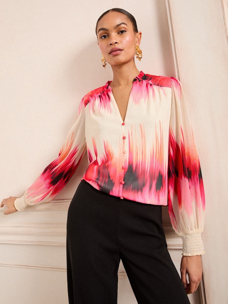 Love & Roses Pink Notch Neck Long Sleeeve Blouse - Image 1 of 4