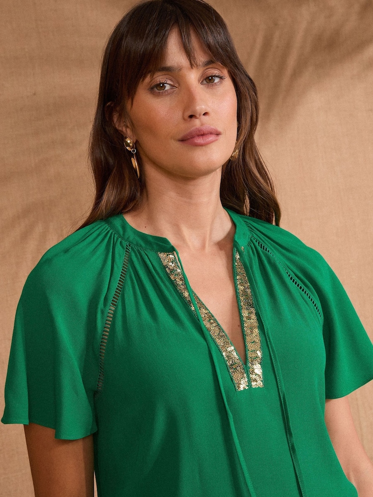 Love & Roses Green Petite Sequin V-Neck blouse - Image 2 of 4