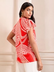 Rot mit Punkten - Love & Roses Print Flutter Sleeve V-Neck Blouse - Bild 4 von 4
