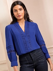 Love & Roses Cobalt Blue Heart Trim Pintuck Notch Neck 3/4 Length Sleeve Blouse - Image 1 of 4
