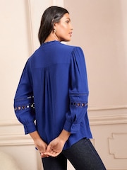 Love & Roses Cobalt Blue Heart Trim Pintuck Notch Neck 3/4 Length Sleeve Blouse - Image 2 of 4