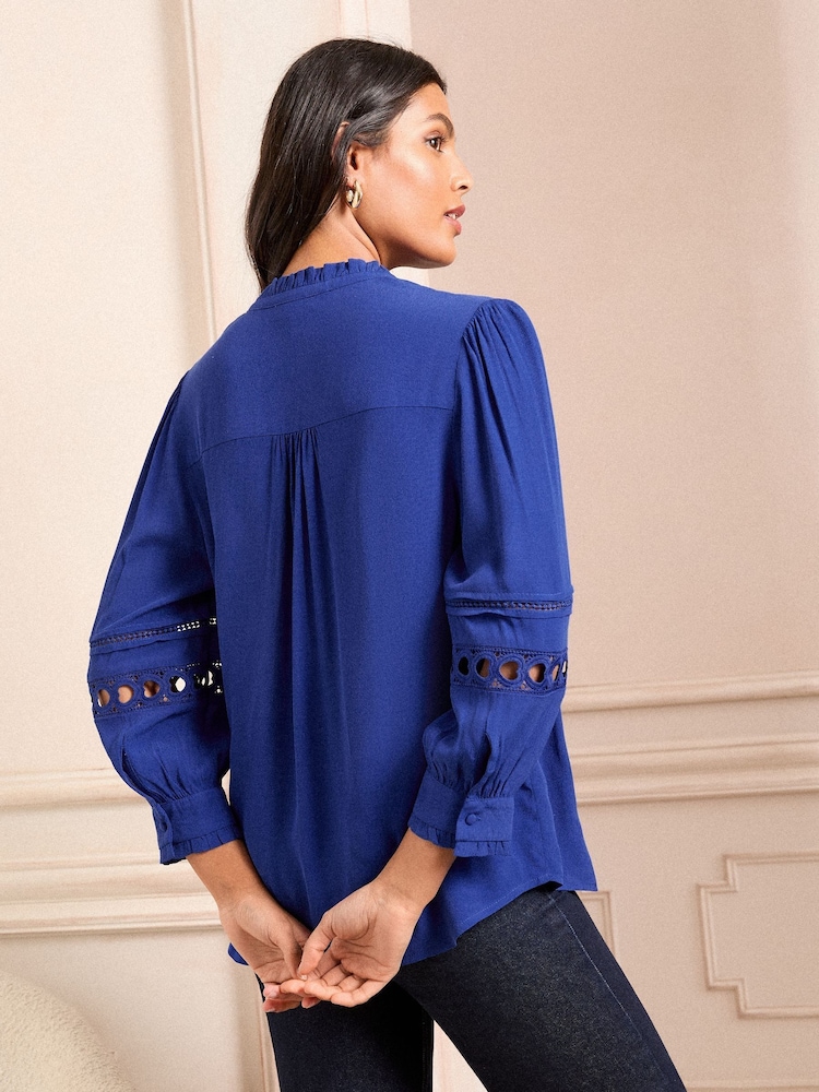 Love & Roses Cobalt Blue Heart Trim Pintuck Notch Neck 3/4 Length Sleeve Blouse - Image 2 of 4
