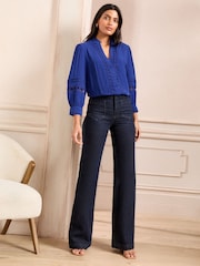Love & Roses Cobalt Blue Heart Trim Pintuck Notch Neck 3/4 Length Sleeve Blouse - Image 3 of 4