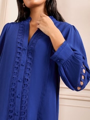 Love & Roses Cobalt Blue Heart Trim Pintuck Notch Neck 3/4 Length Sleeve Blouse - Image 4 of 4