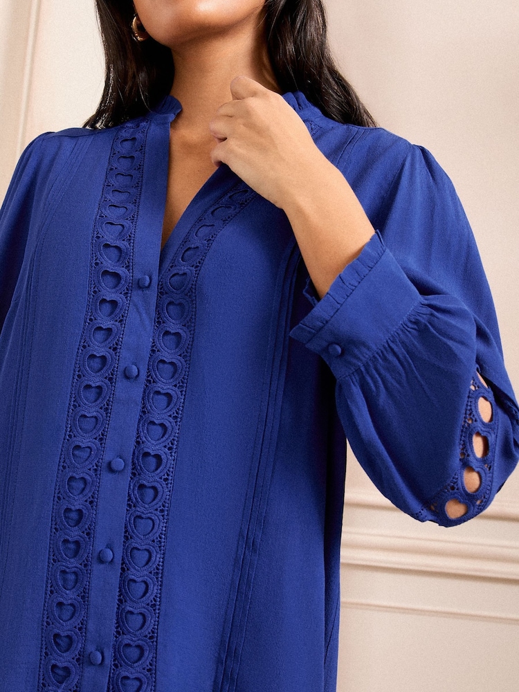 Love & Roses Cobalt Blue Heart Trim Pintuck Notch Neck 3/4 Length Sleeve Blouse - Image 4 of 4