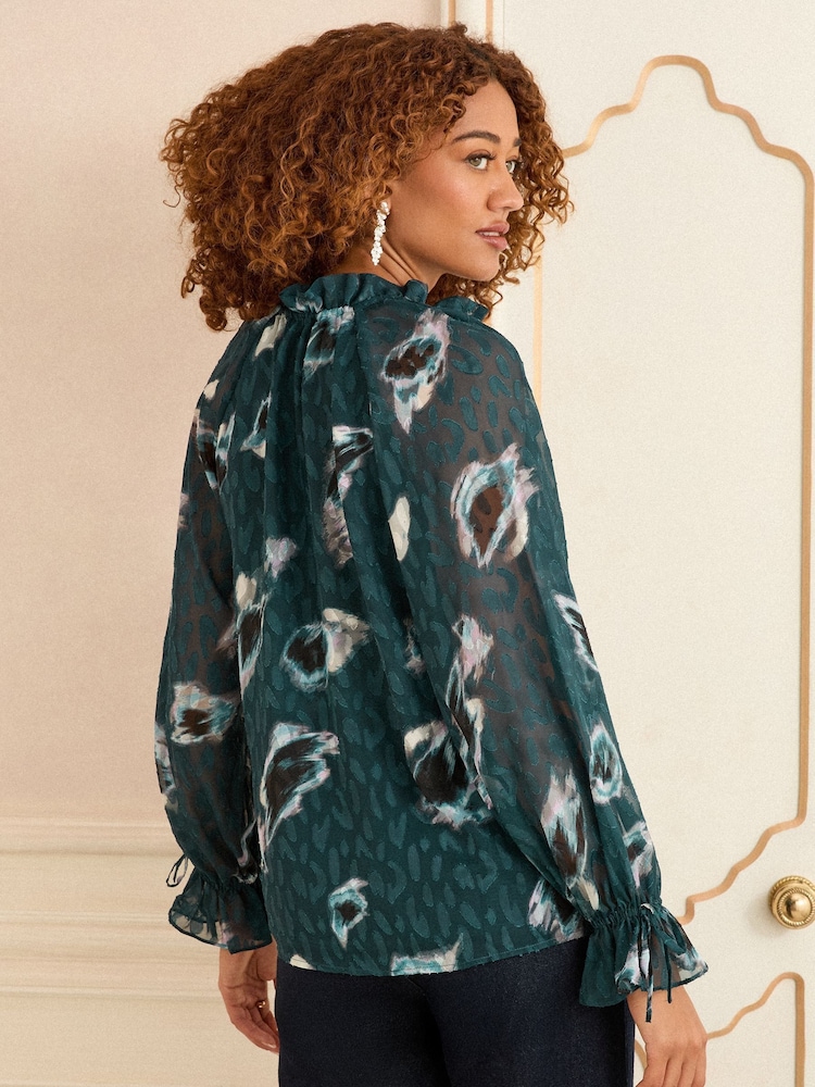 Love & Roses Teal Blue Animal Printed Shirred Notch Neck Long Sleeve Blouse - Image 1 of 5 Love & Roses Teal Blue Animal Printed Shirred Notch Neck Long Sleeve Blouse - Image 1 of 5