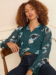 Love & Roses Teal Blue Animal Printed Shirred Notch Neck Long Sleeve Blouse - Image 2 of 5