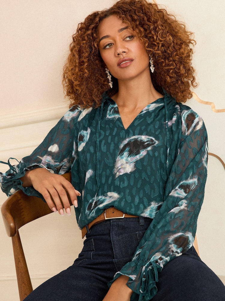 Love & Roses Teal Blue Animal Printed Shirred Notch Neck Long Sleeve Blouse - Image 2 of 5 Love & Roses Teal Blue Animal Printed Shirred Notch Neck Long Sleeve Blouse - Image 2 of 5